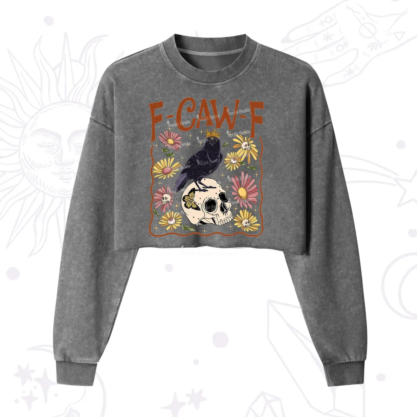 Purplehecate Funny F-Caw-F Crow Cropped Washed Sweatshirt