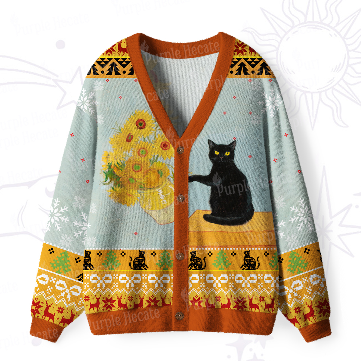 Purplehecate Sunflower Cat Ugly Cardigan Sweaters