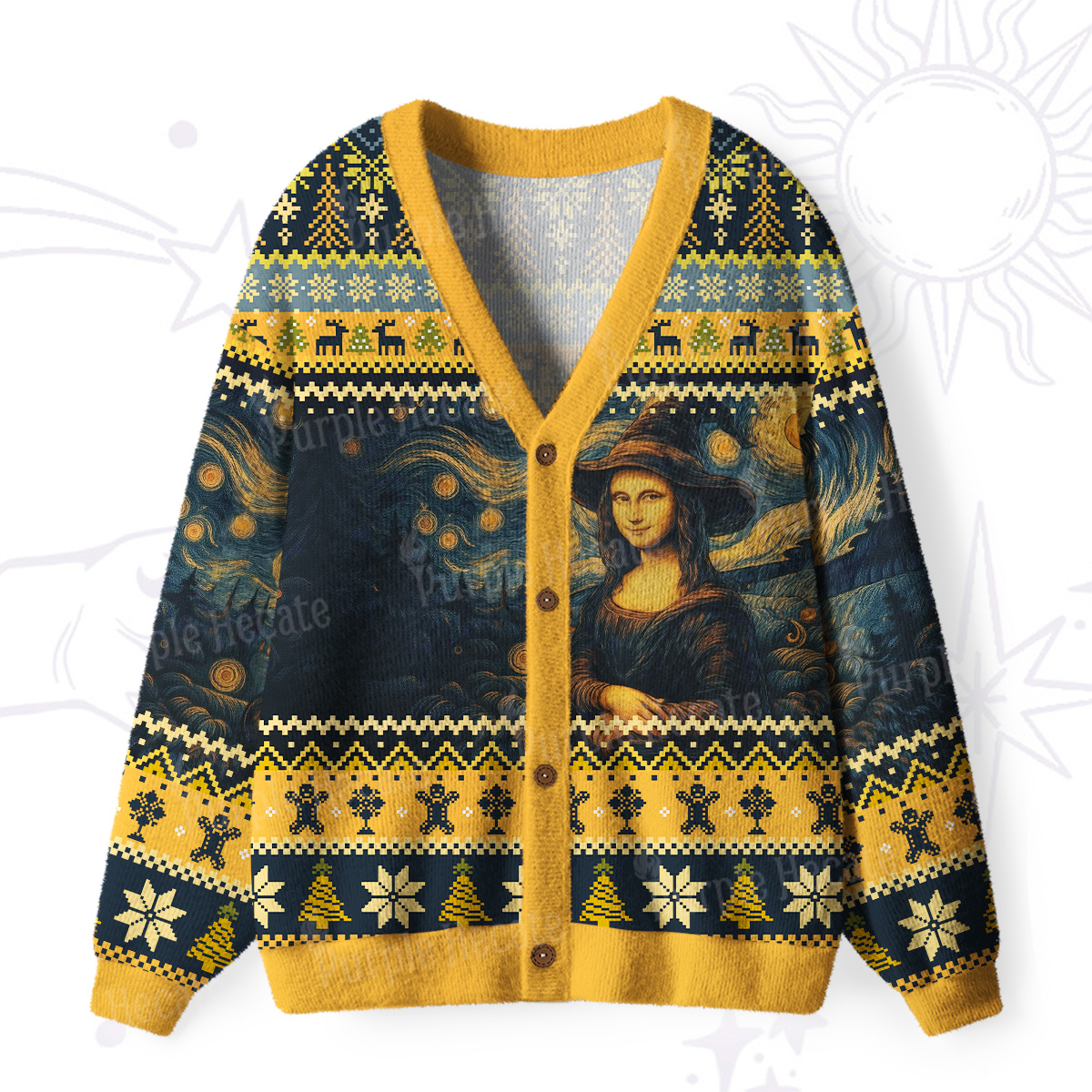 Purplehecate Mona Lisa Under the Starry Sky Ugly Cardigan Sweaters