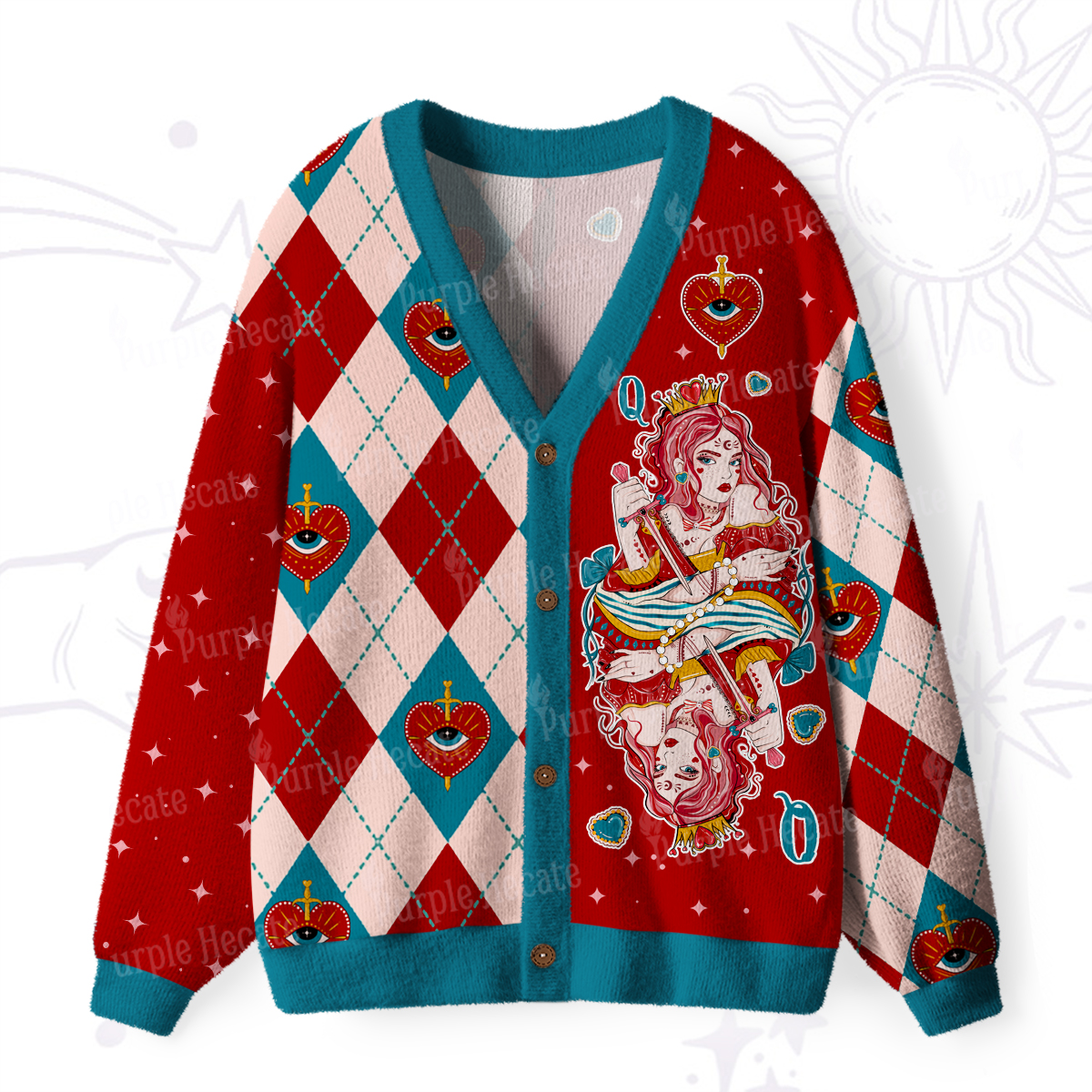 Purplehecate Queen of Hearts Ugly Cardigan Sweaters