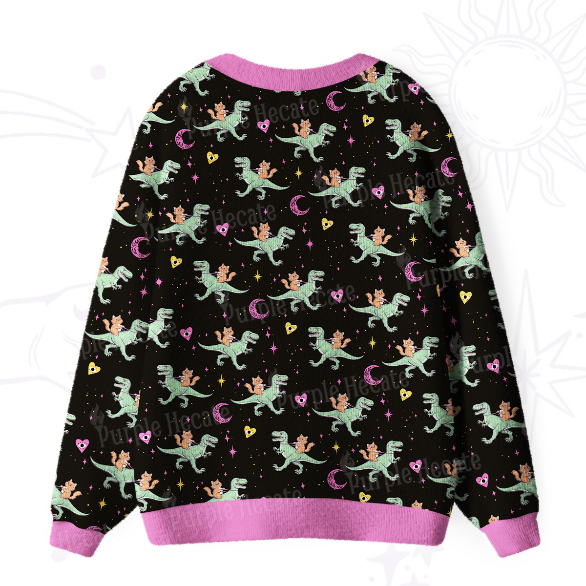 Purplehecate Witch Cat Rides the Dino Ugly Cardigan Sweaters