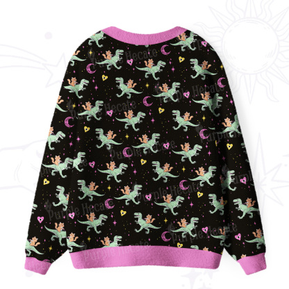 Purplehecate Witch Cat Rides the Dino Ugly Cardigan Sweaters