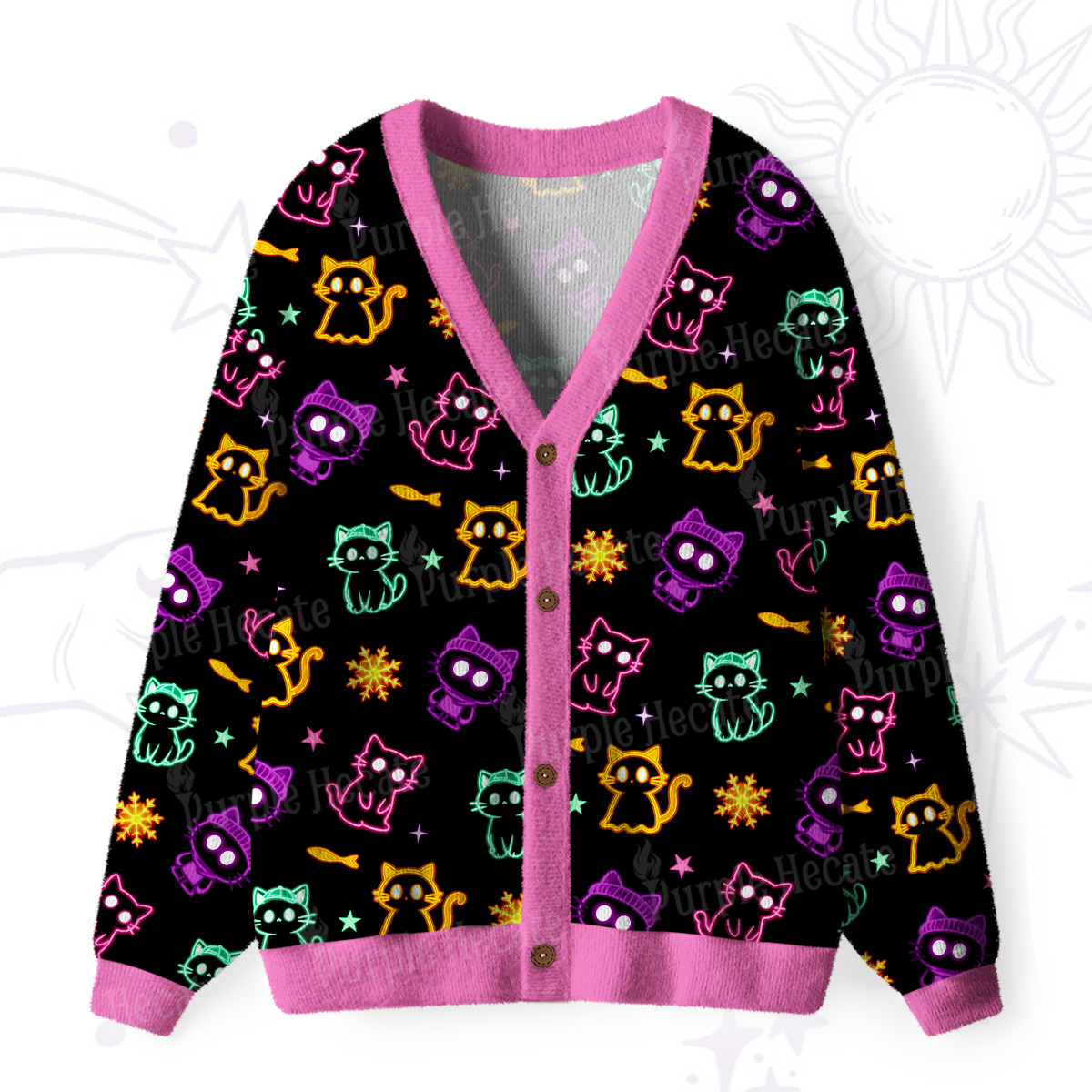 Purplehecate Neon Cat Party Ugly Cardigan Sweaters