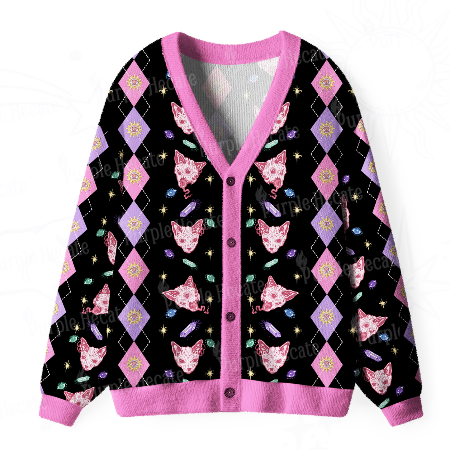 Purplehecate Moon Phase Cat Ugly Cardigan Sweaters