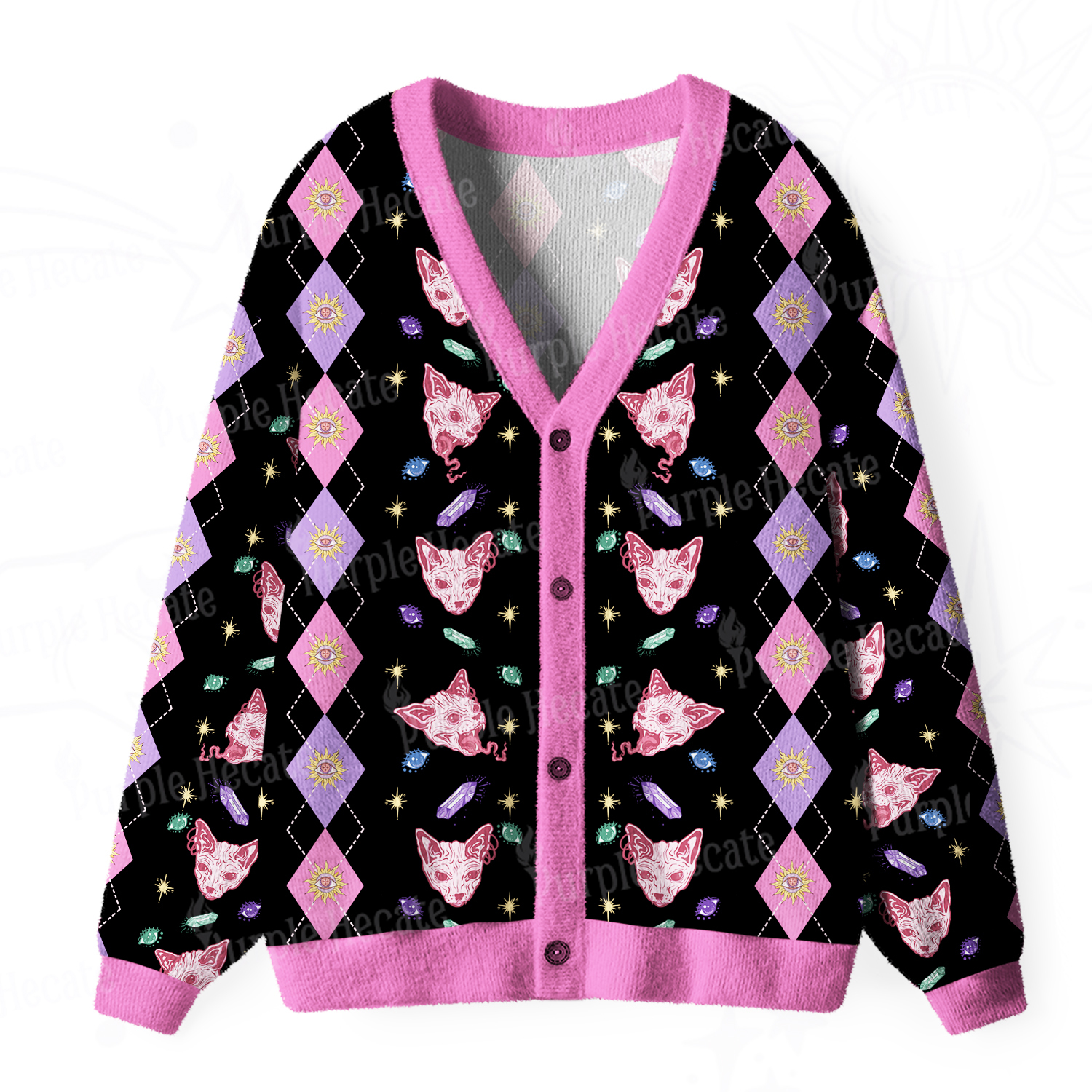 Purplehecate Moon Phase Cat Ugly Cardigan Sweaters