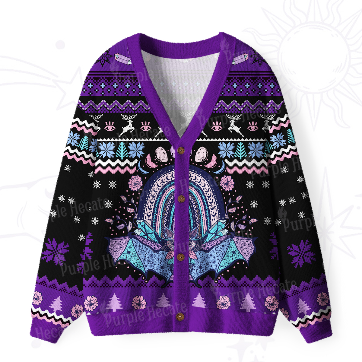 Purplehecate Moon Phase Bat Ugly Cardigan Sweaters
