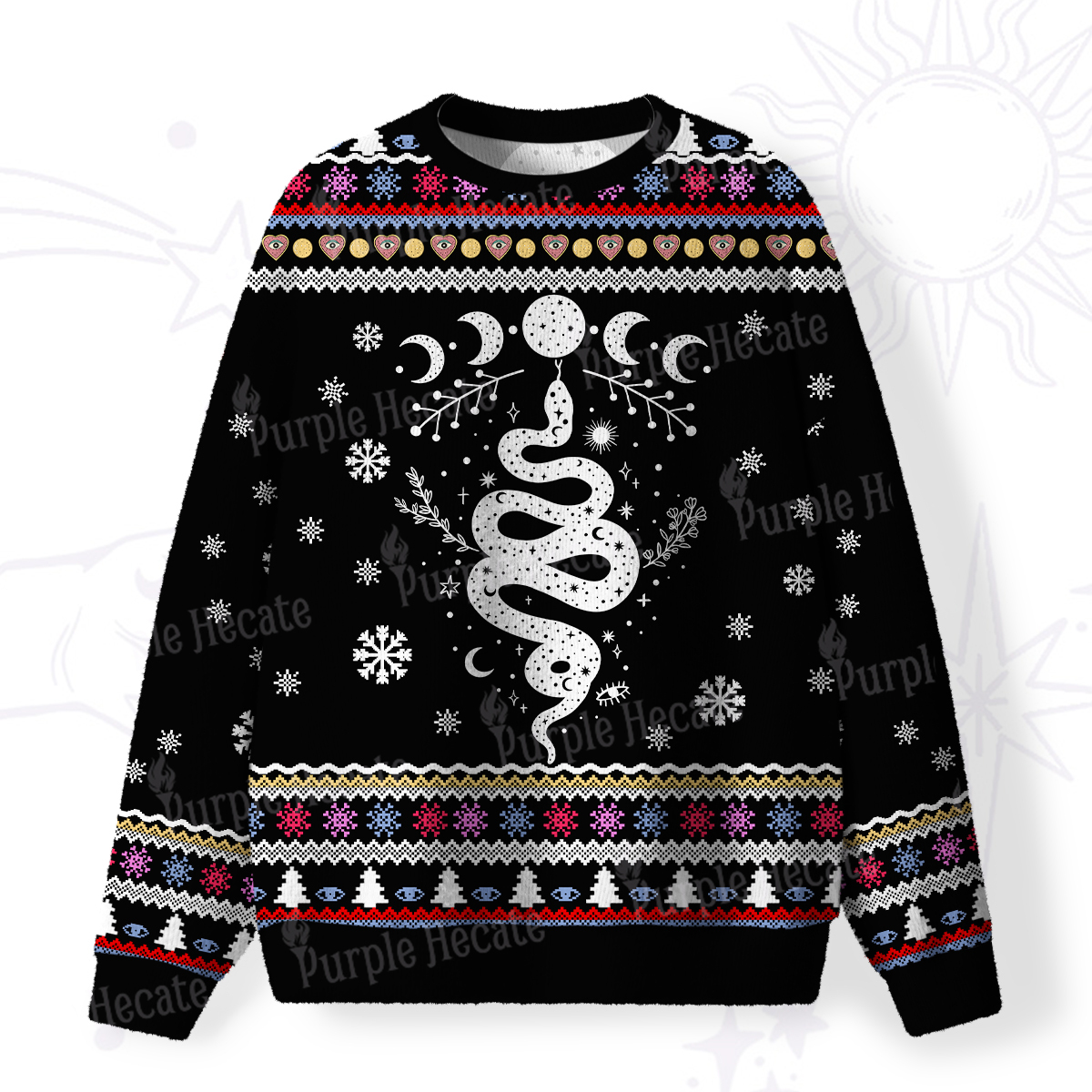 Purplehecate Snake And Moon Phase Fuzzy Ugly Christmas Sweatshirt
