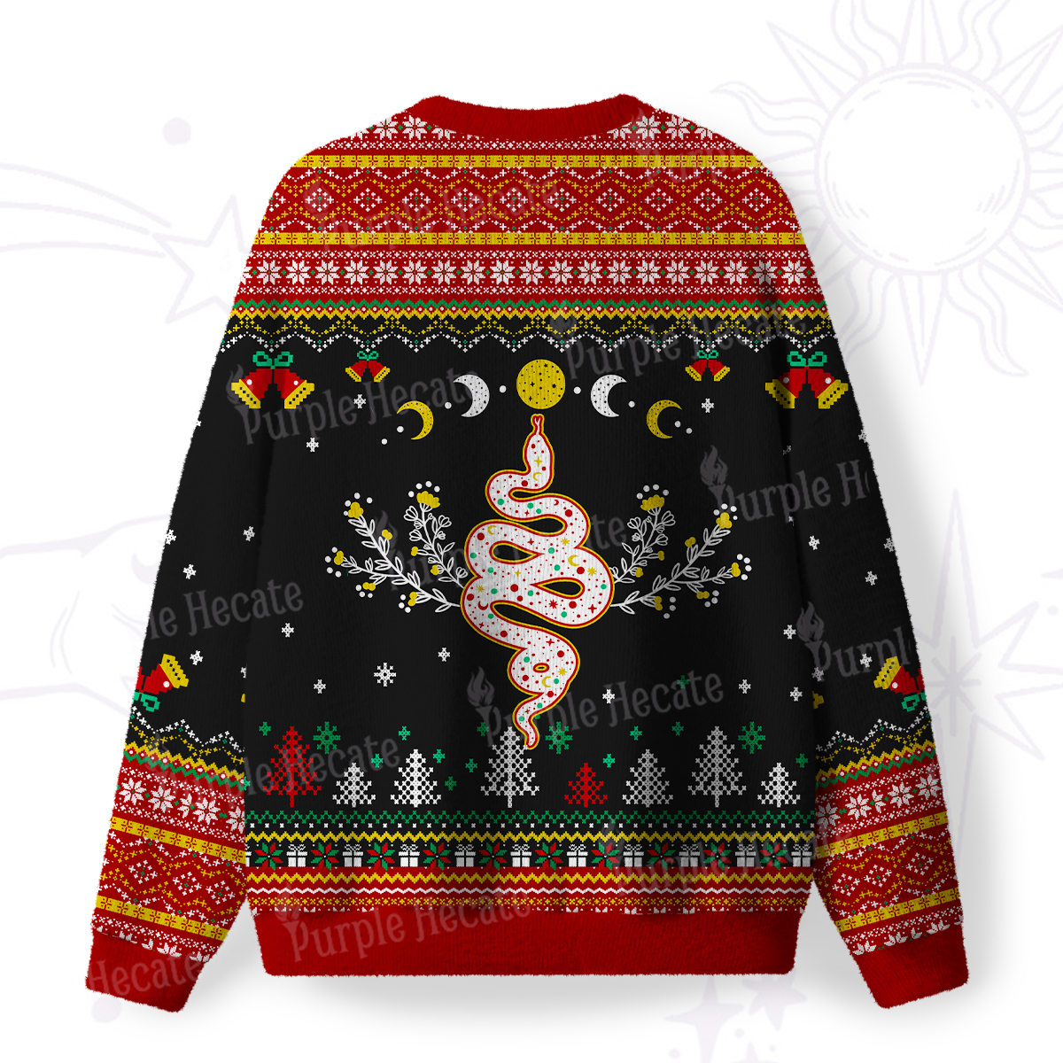 Purplehecate Snake And Moon Phase Fuzzy Ugly Christmas Sweatshirt