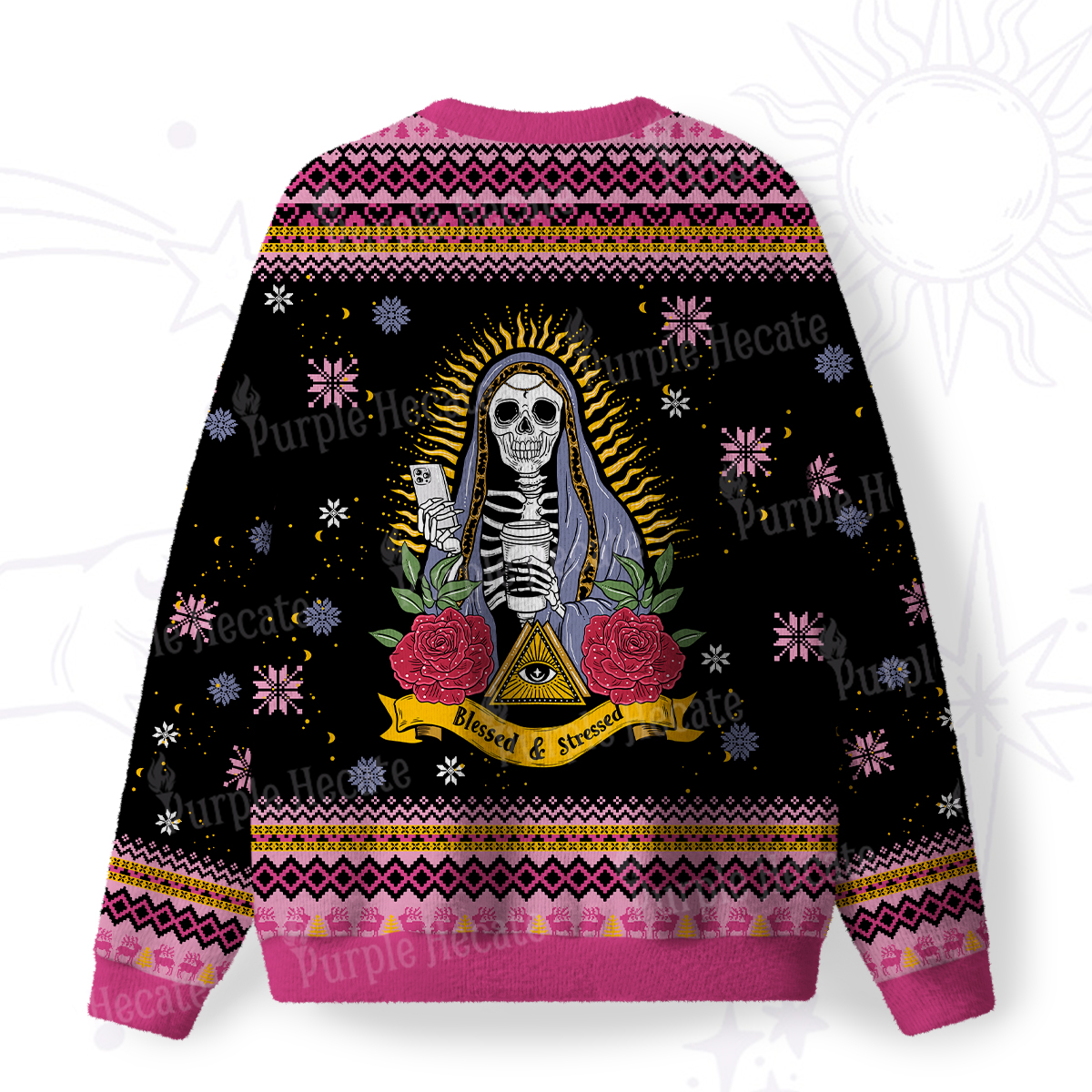 Purplehecate Blessed And Stressed Fuzzy Ugly Christmas Sweatshirt