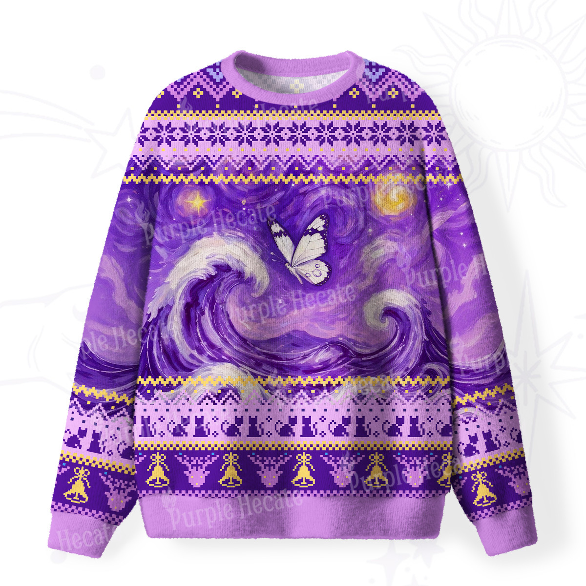 Purplehecate Celestial Butterfly Waves Fuzzy Ugly Christmas Sweatshirt