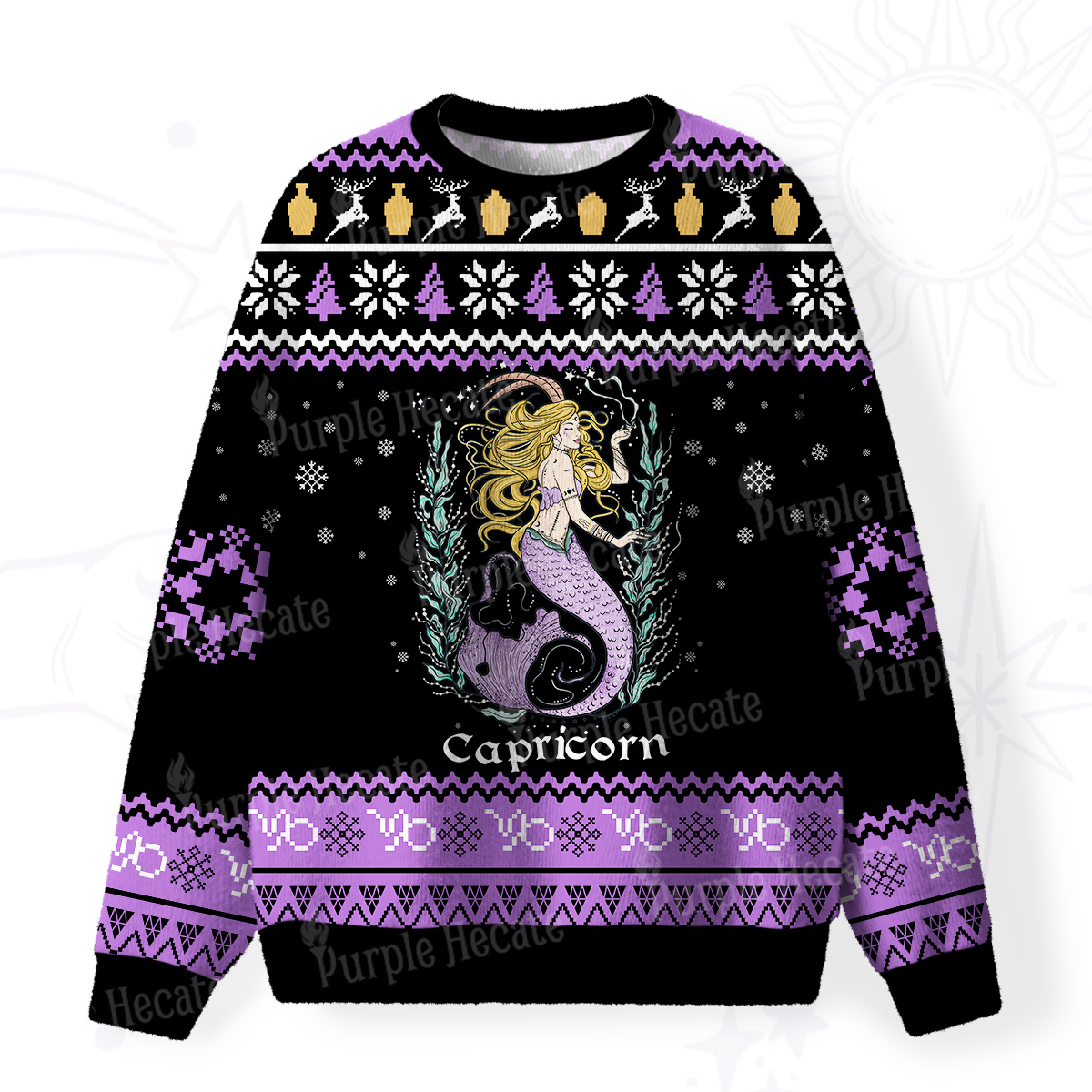 Purplehecate Capricorn Zodiac Fuzzy Ugly Christmas Sweatshirt