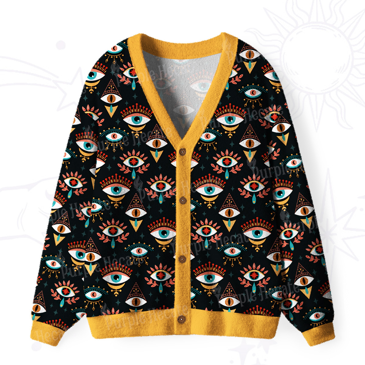 Purplehecate Evil Eye Pattern Ugly Cardigan Sweaters