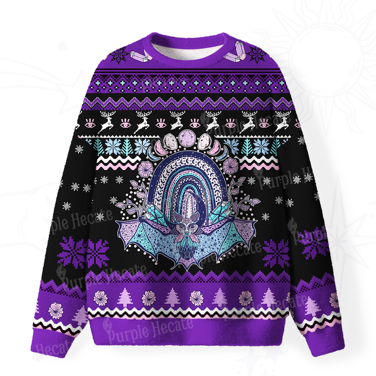 Purplehecate Moon Phase Bat Fuzzy Ugly Christmas Sweatshirt