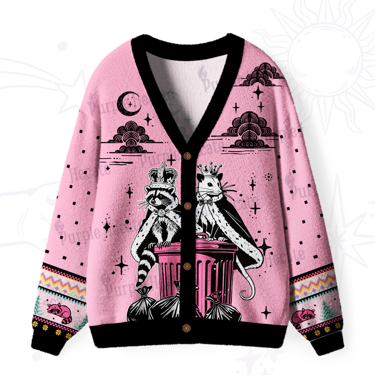 Purplehecate Raccoon and Opossum’s Trash Kingdom Ugly Cardigan Sweaters
