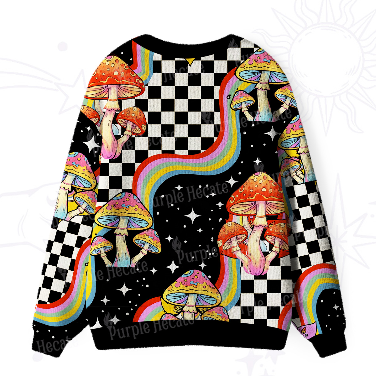 Purplehecate Trippy Rainbow Mushrooms Ugly Cardigan Sweaters