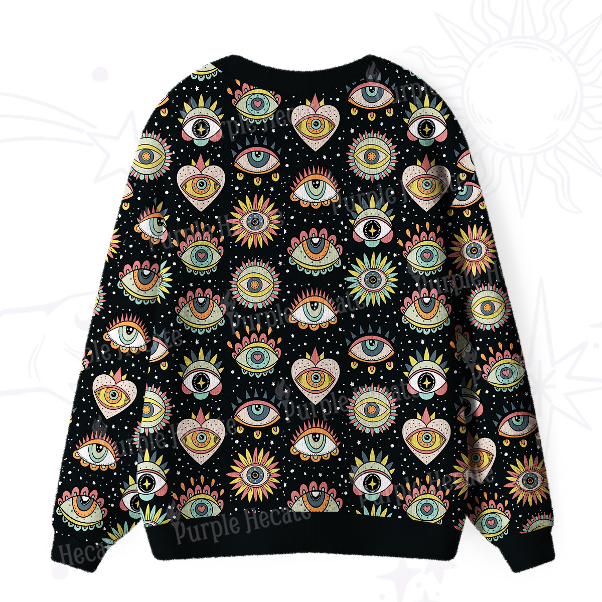 Purplehecate Mystical Evil Eye Pattern Ugly Cardigan Sweaters