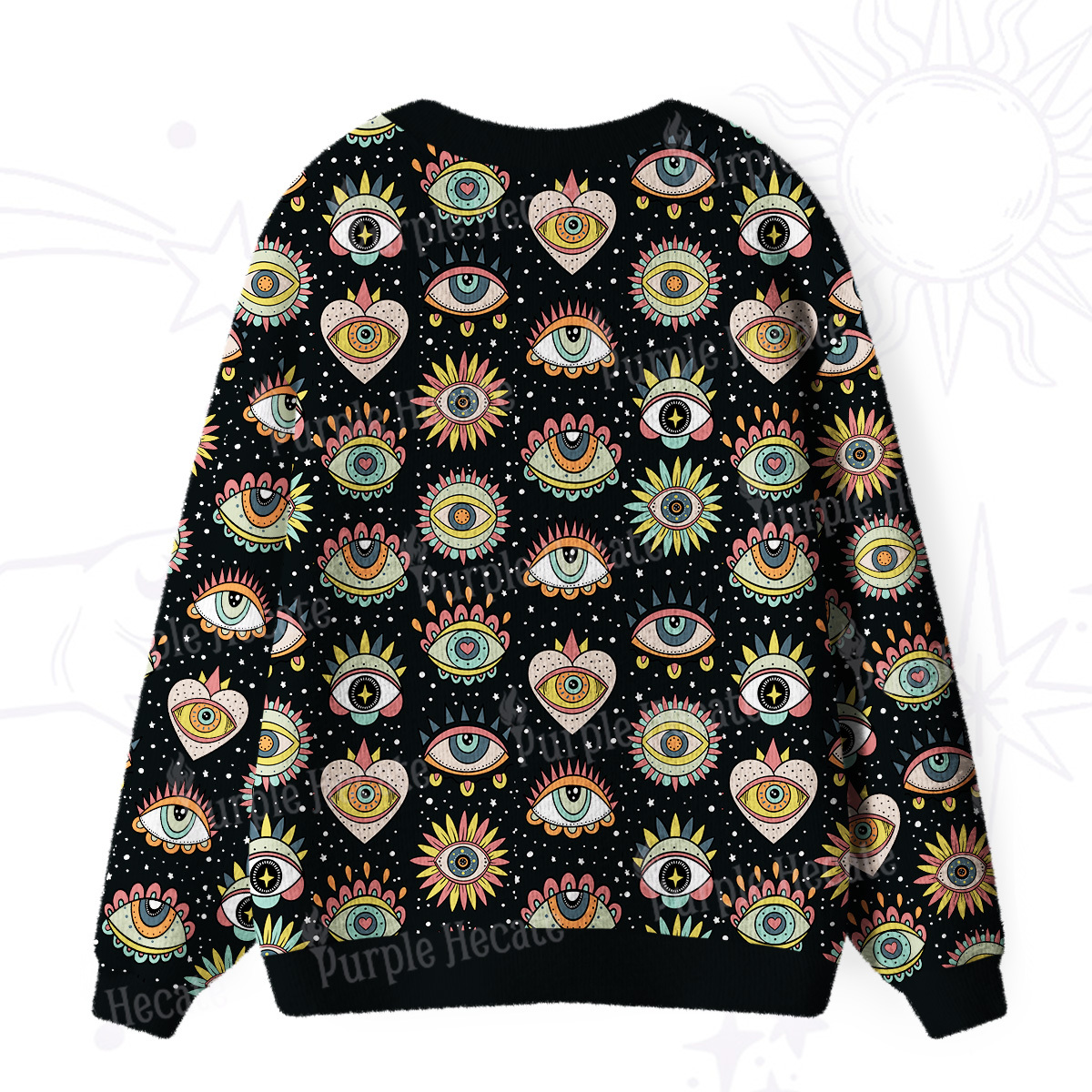 Purplehecate Mystical Evil Eye Pattern Ugly Cardigan Sweaters