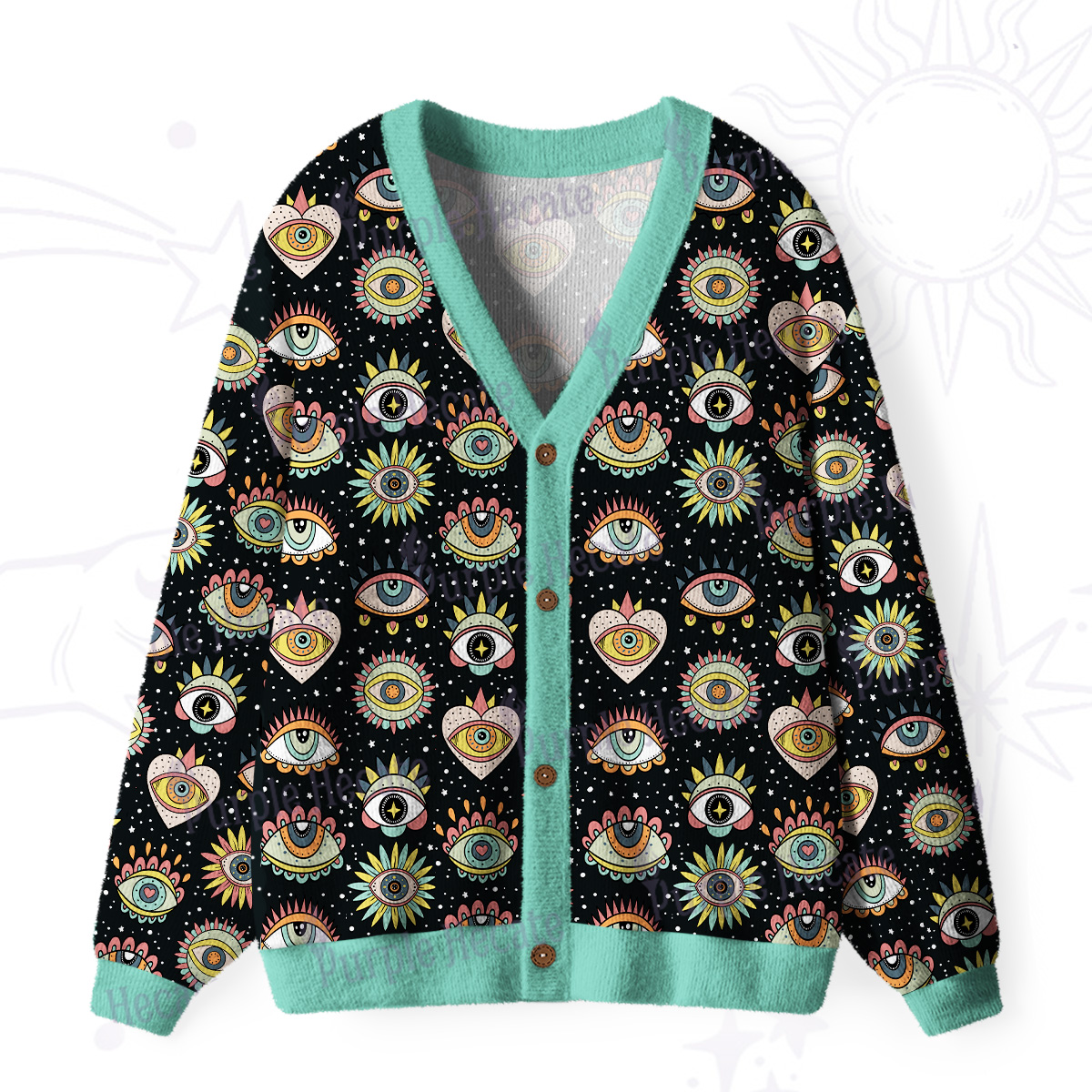 Purplehecate Mystical Evil Eye Pattern Ugly Cardigan Sweaters