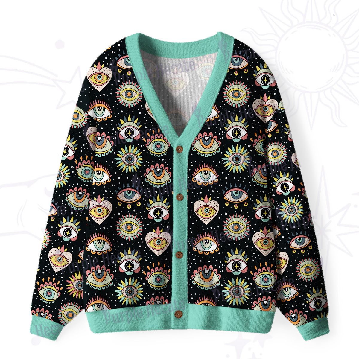 Purplehecate Mystical Evil Eye Pattern Ugly Cardigan Sweaters