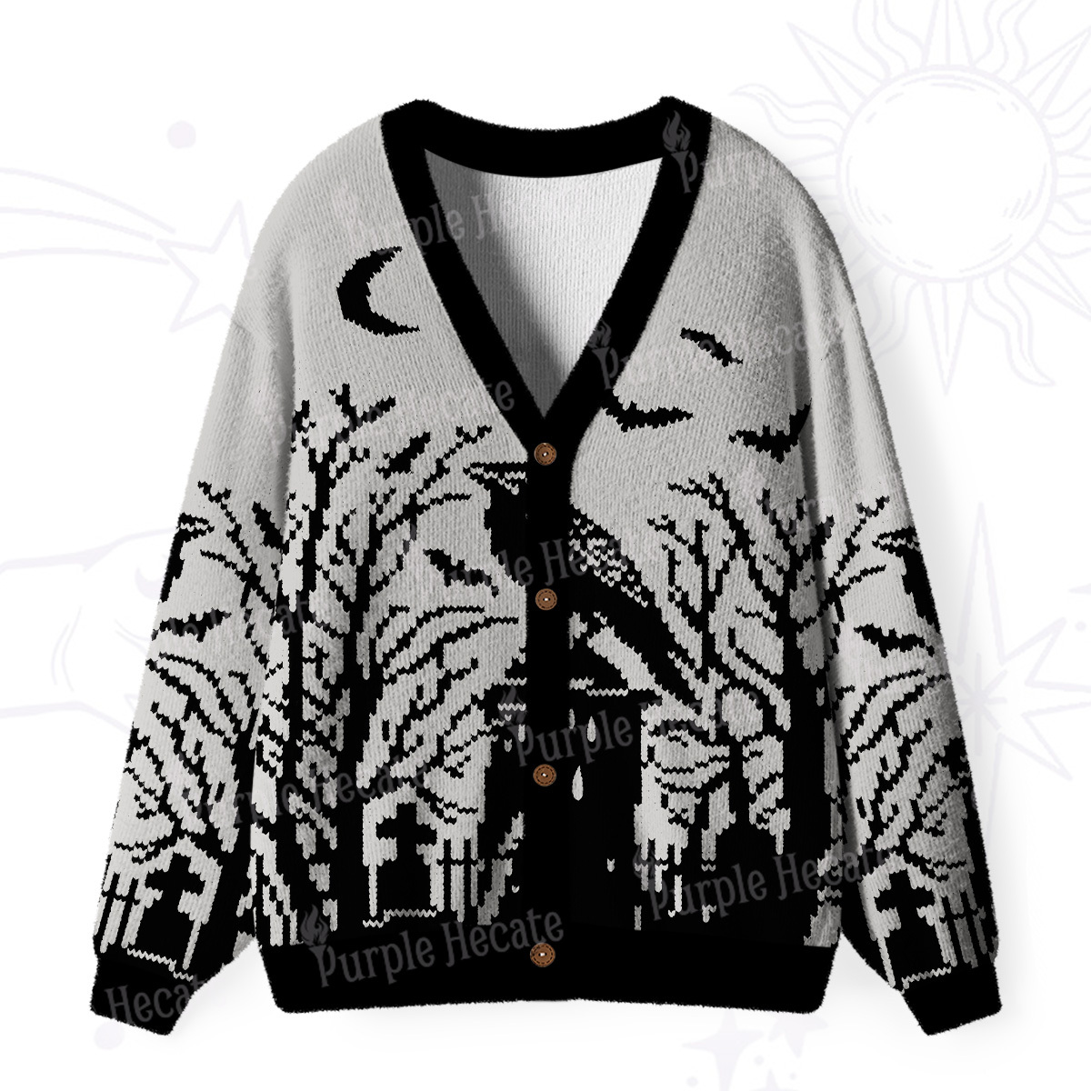 Purplehecate Ravens Over the Spooky Graveyard Ugly Cardigan Sweaters