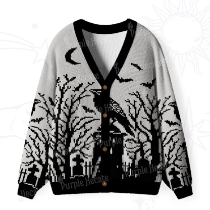 Purplehecate Ravens Over the Spooky Graveyard Ugly Cardigan Sweaters