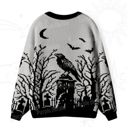 Purplehecate Ravens Over the Spooky Graveyard Ugly Cardigan Sweaters
