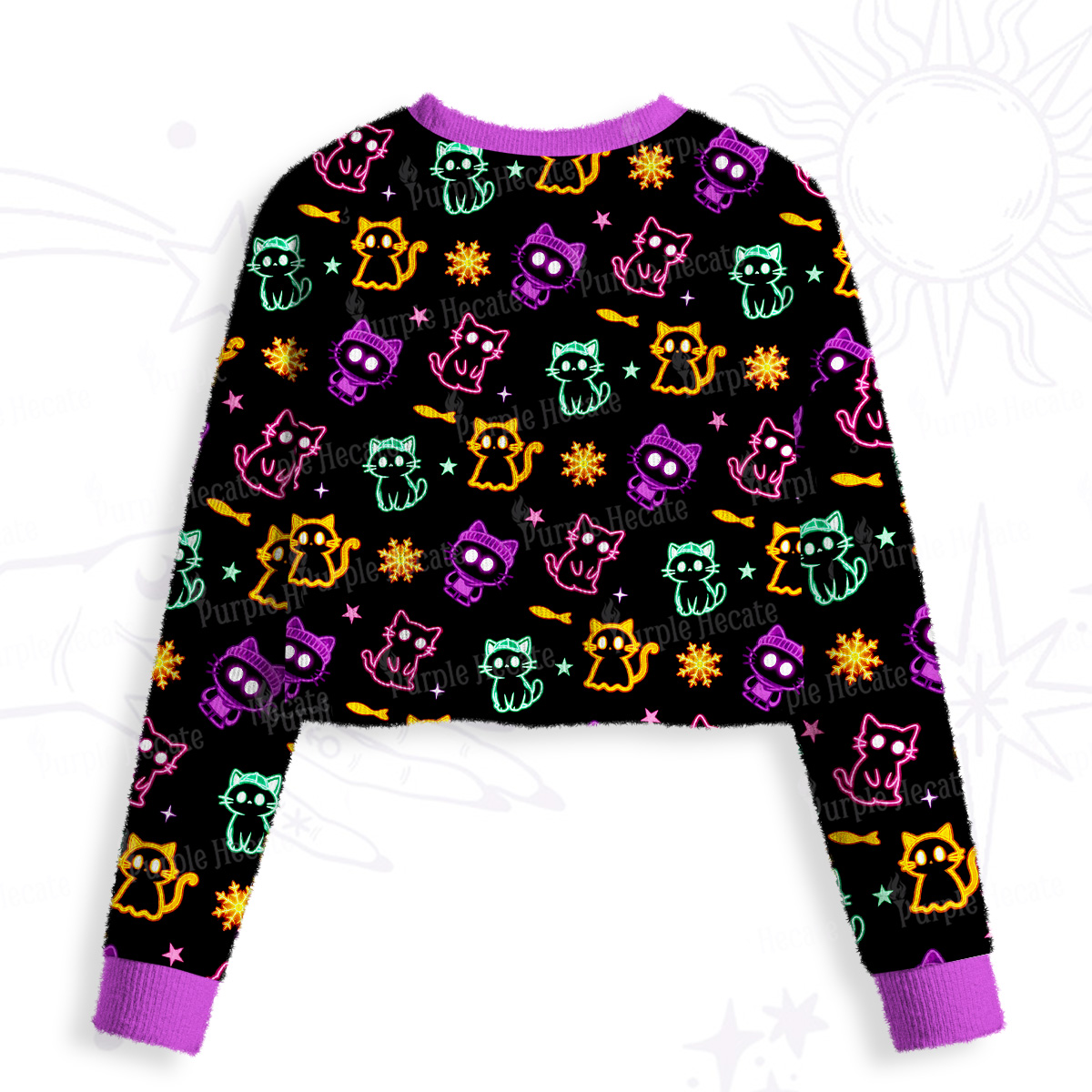 Purplehecate Neon Cat Party Crop Fuzzy Ugly Sweatshirt