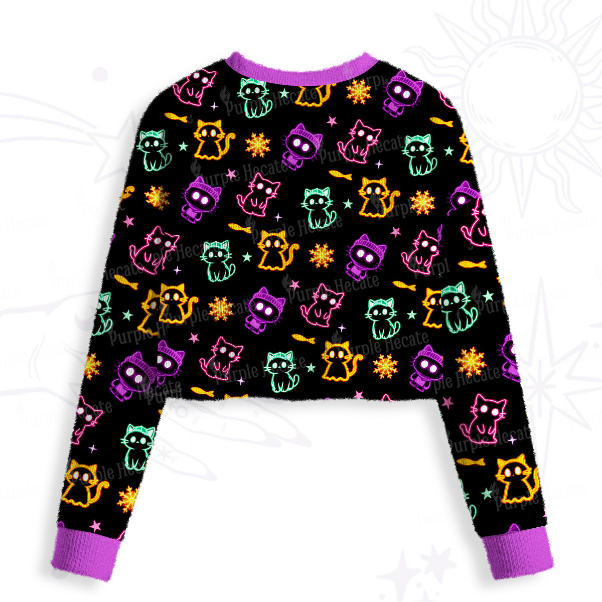Purplehecate Neon Cat Party Crop Fuzzy Ugly Sweatshirt