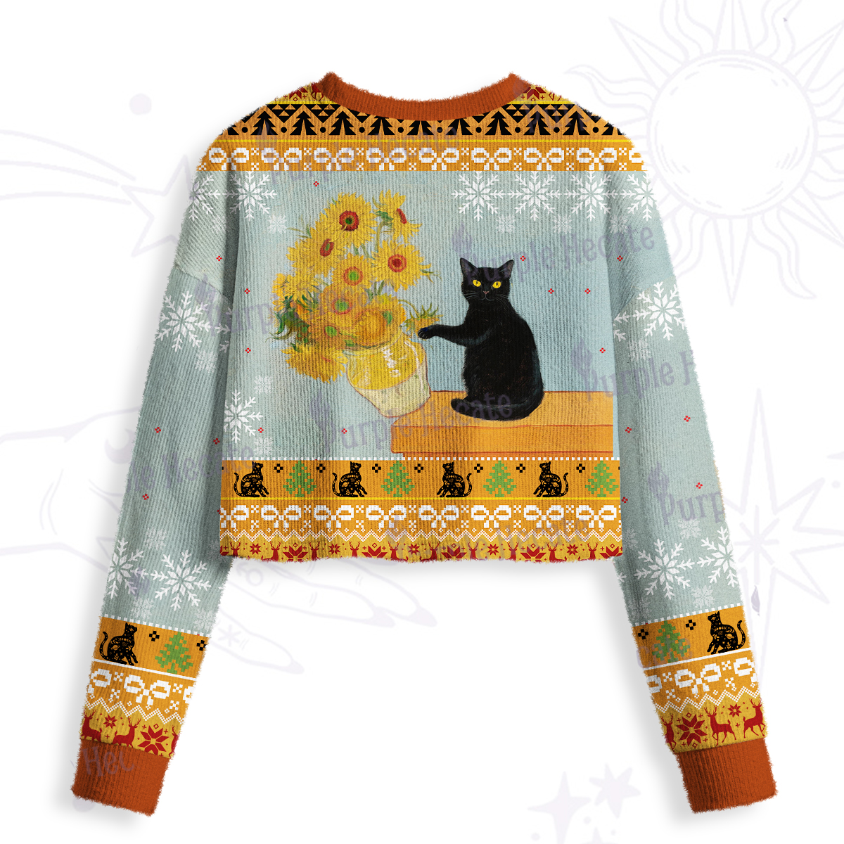 Purplehecate Sunflower Cat Crop Fuzzy Ugly Sweatshirt