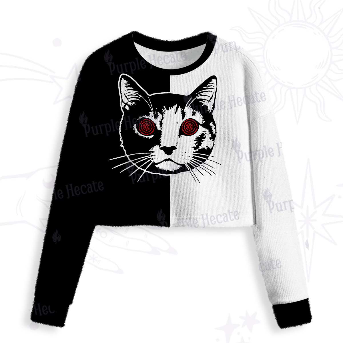 Purplehecate Hypnotic Cat Crop Fuzzy Ugly Sweatshirt