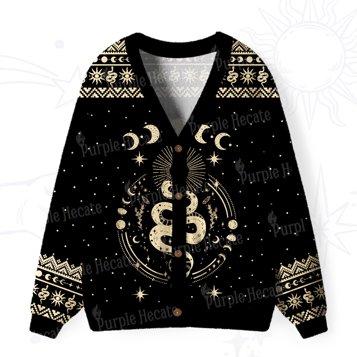 Purplehecate Snake And Moon Phase Comfort Ugly Cardigan Sweaters