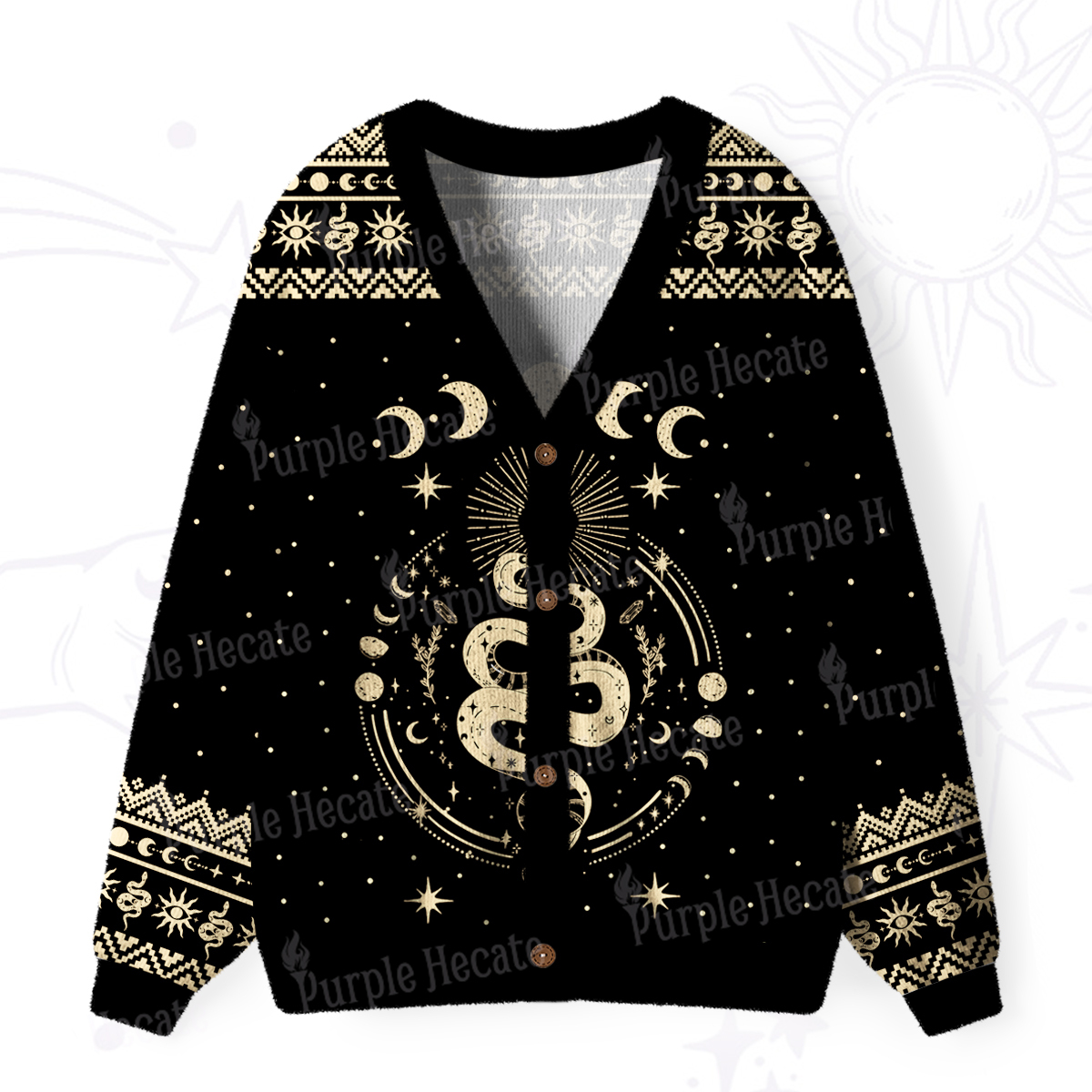 Purplehecate Snake And Moon Phase Comfort Ugly Cardigan Sweaters