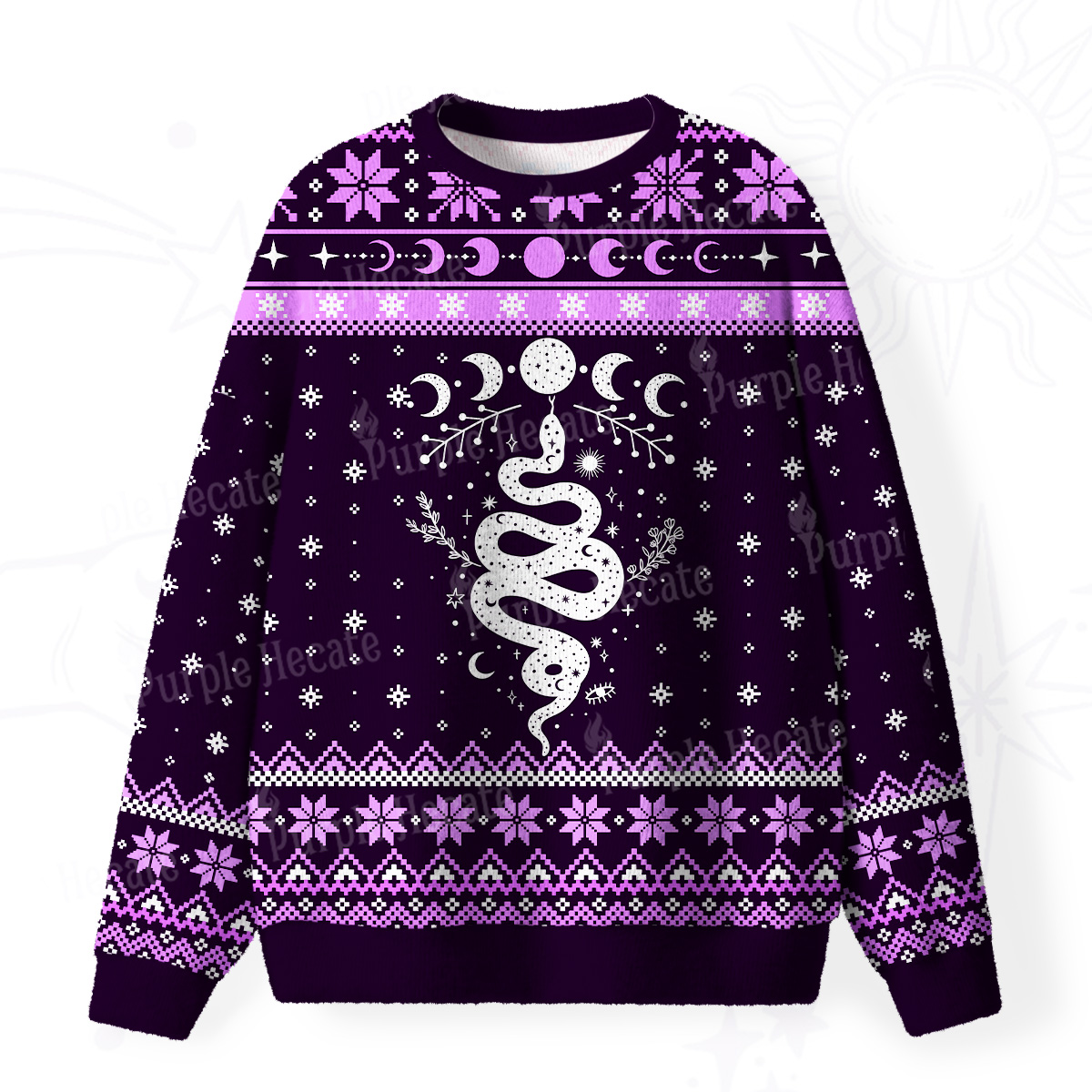 Purplehecate Snake And Moon Phase Fuzzy Ugly Christmas Sweatshirt