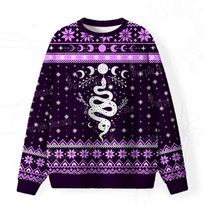 Purplehecate Snake And Moon Phase Fuzzy Ugly Christmas Sweatshirt