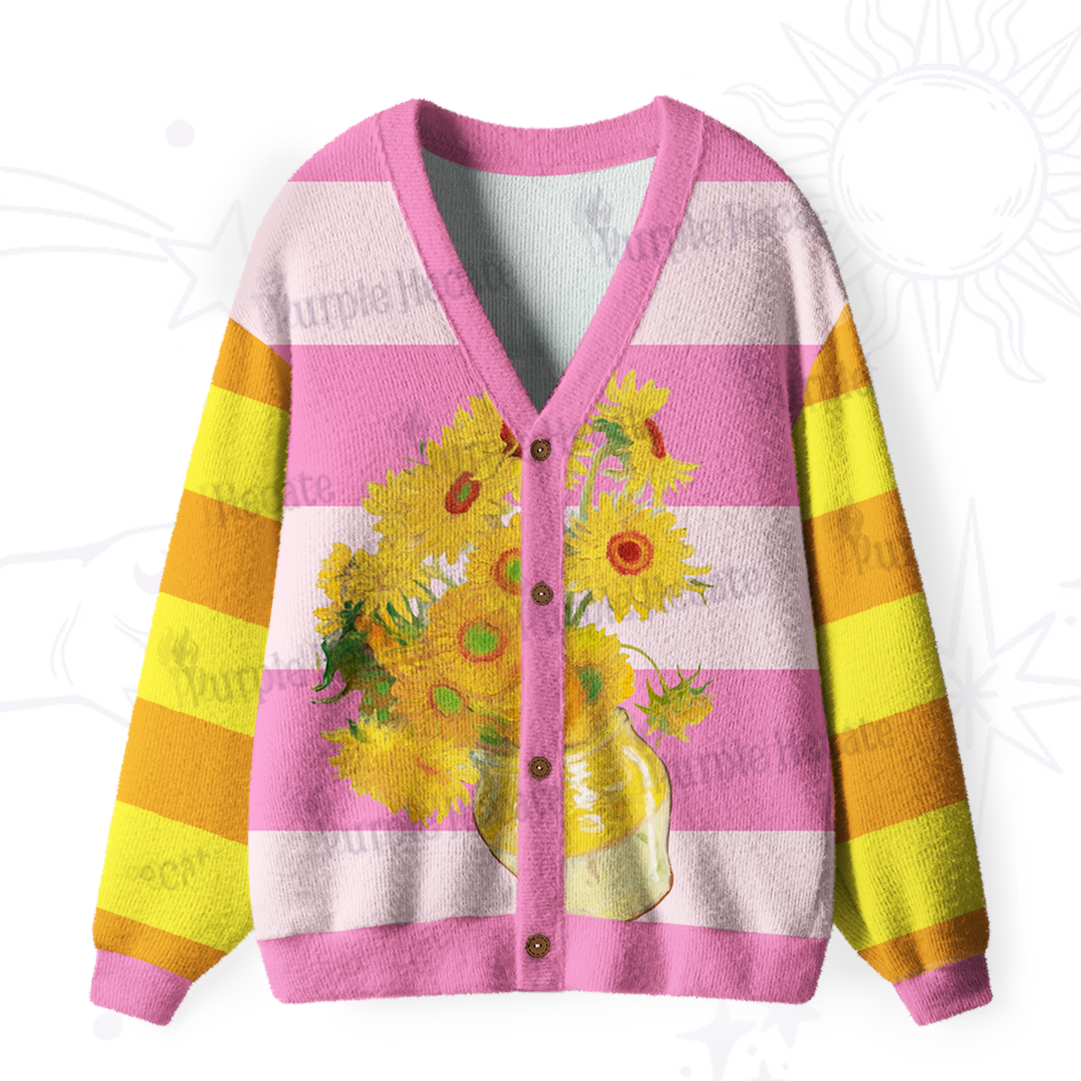 Purplehecate Golden Sunburst Bouquet Ugly Cardigan Sweaters