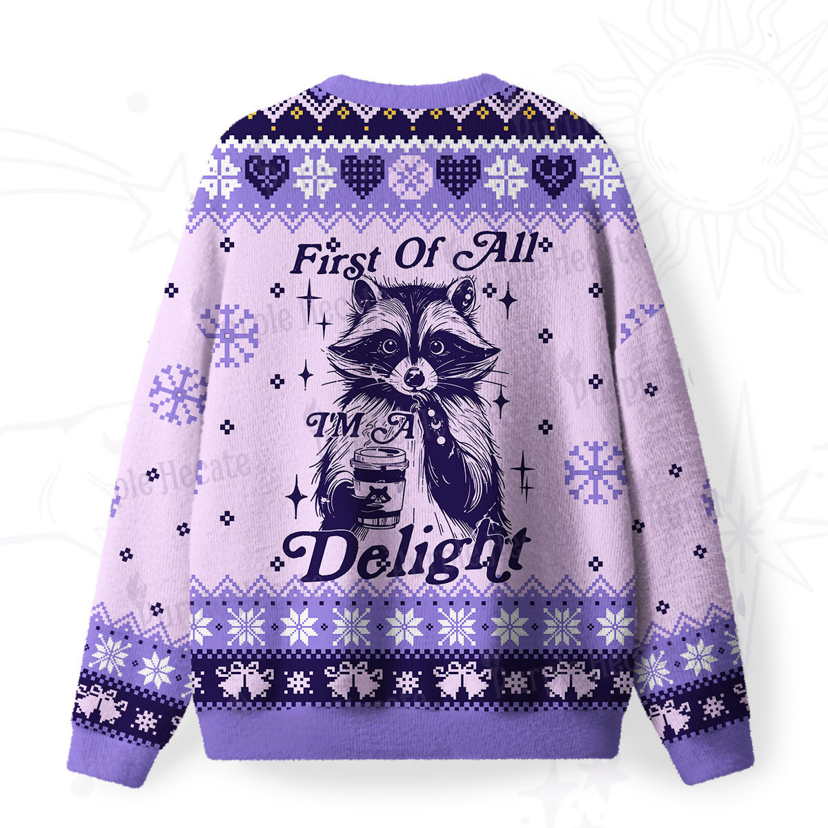 Purplehecate First Of All I'm A Delightful Funny Raccoon Fuzzy Ugly Christmas Sweatshirt
