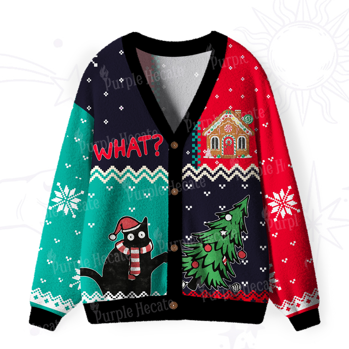 Purplehecate Christmas Black Cat Ugly Cardigan Sweaters