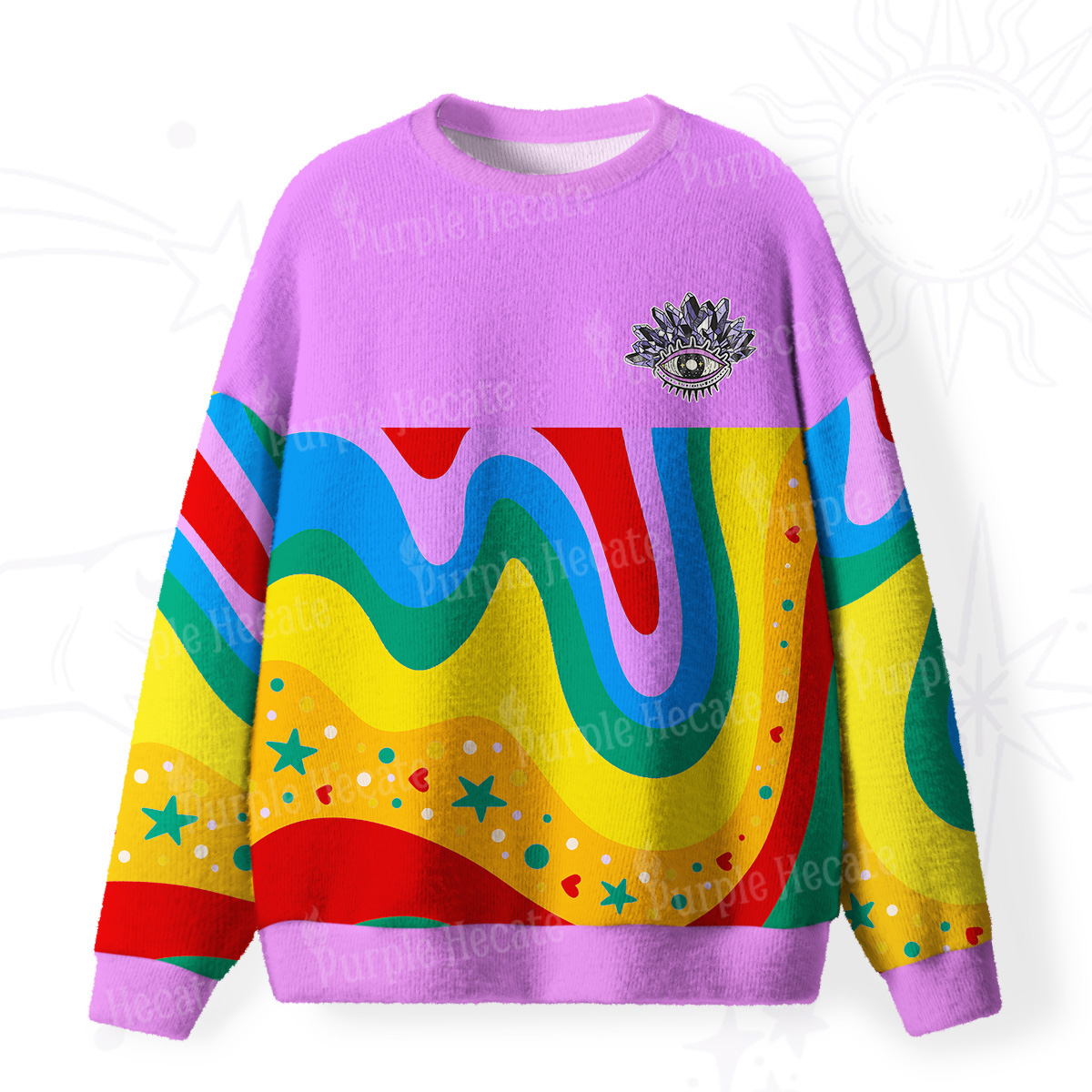 Purplehecate Dreamy Rainbow Waves Fuzzy Ugly Christmas Sweatshirt