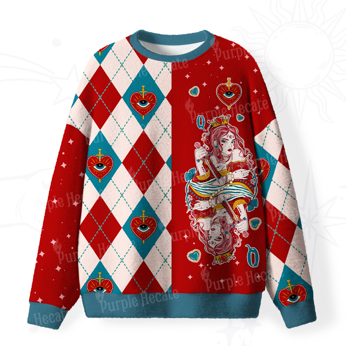 Purplehecate Queen of Hearts Fuzzy Ugly Christmas Sweatshirt