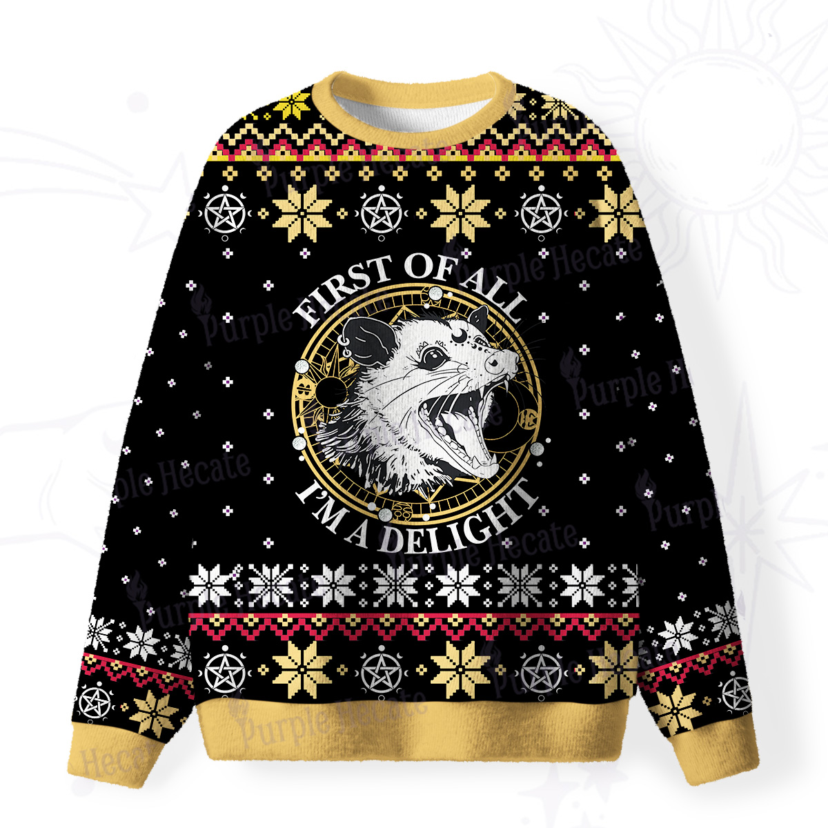 Purplehecate First Of All I'm A Delightful Opossum Fuzzy Ugly Christmas Sweatshirt
