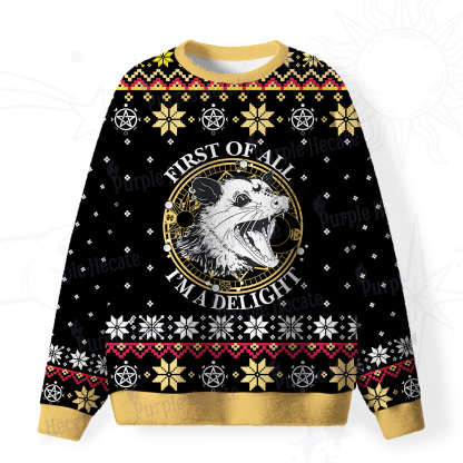 Purplehecate First Of All I'm A Delightful Opossum Fuzzy Ugly Christmas Sweatshirt