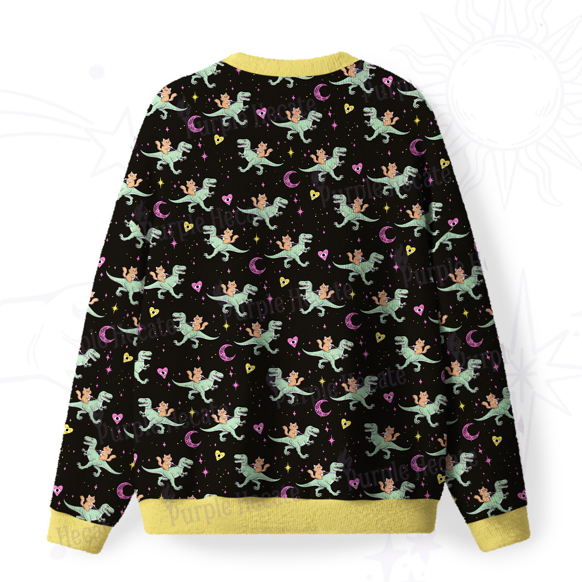 Purplehecate Witch Cat Rides the Dino Fuzzy Ugly Christmas Sweatshirt