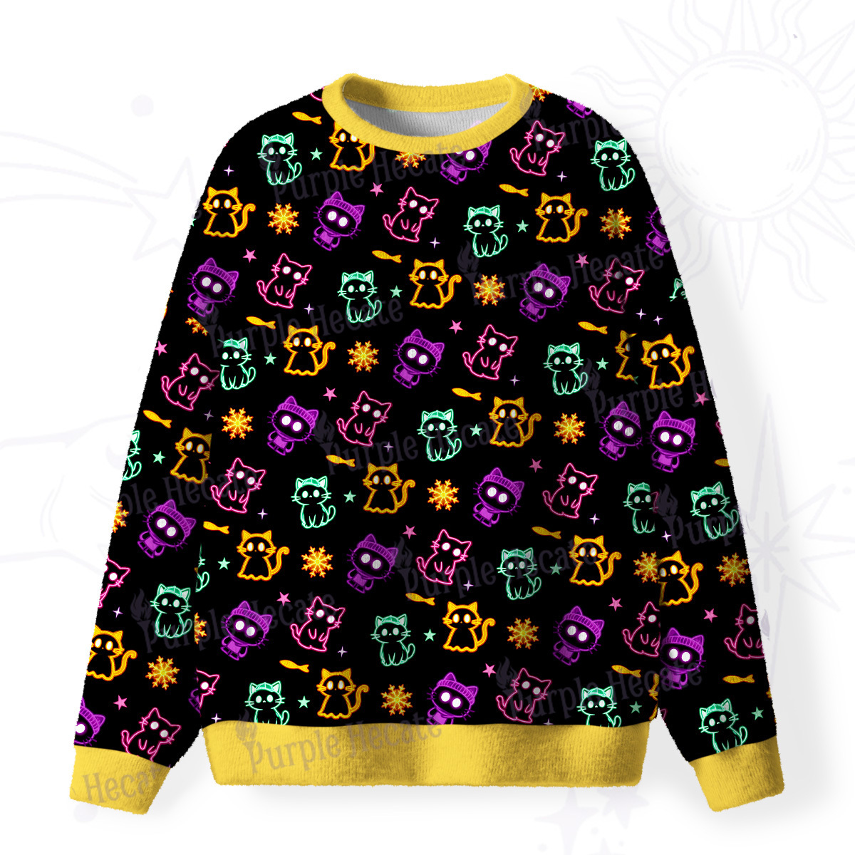 Purplehecate Neon Cat Party Fuzzy Ugly Christmas Sweatshirt