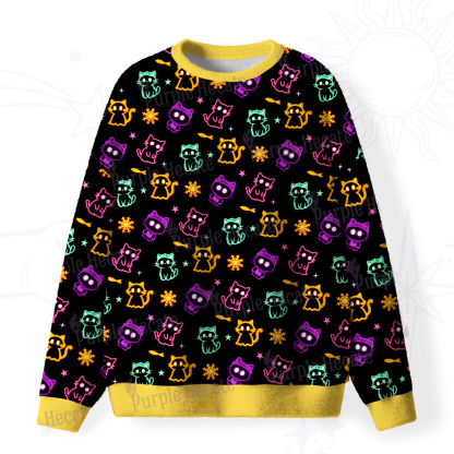 Purplehecate Neon Cat Party Fuzzy Ugly Christmas Sweatshirt