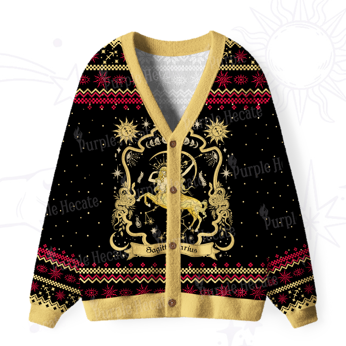 Purplehecate Sagittarius' Astral Mirage Zodiac Ugly Cardigan Sweaters