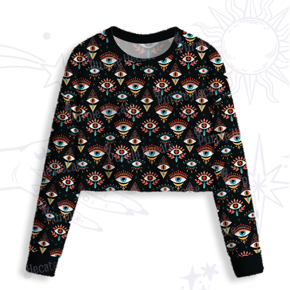 Purplehecate Evil Eye Pattern Crop Fuzzy Ugly Sweatshirt