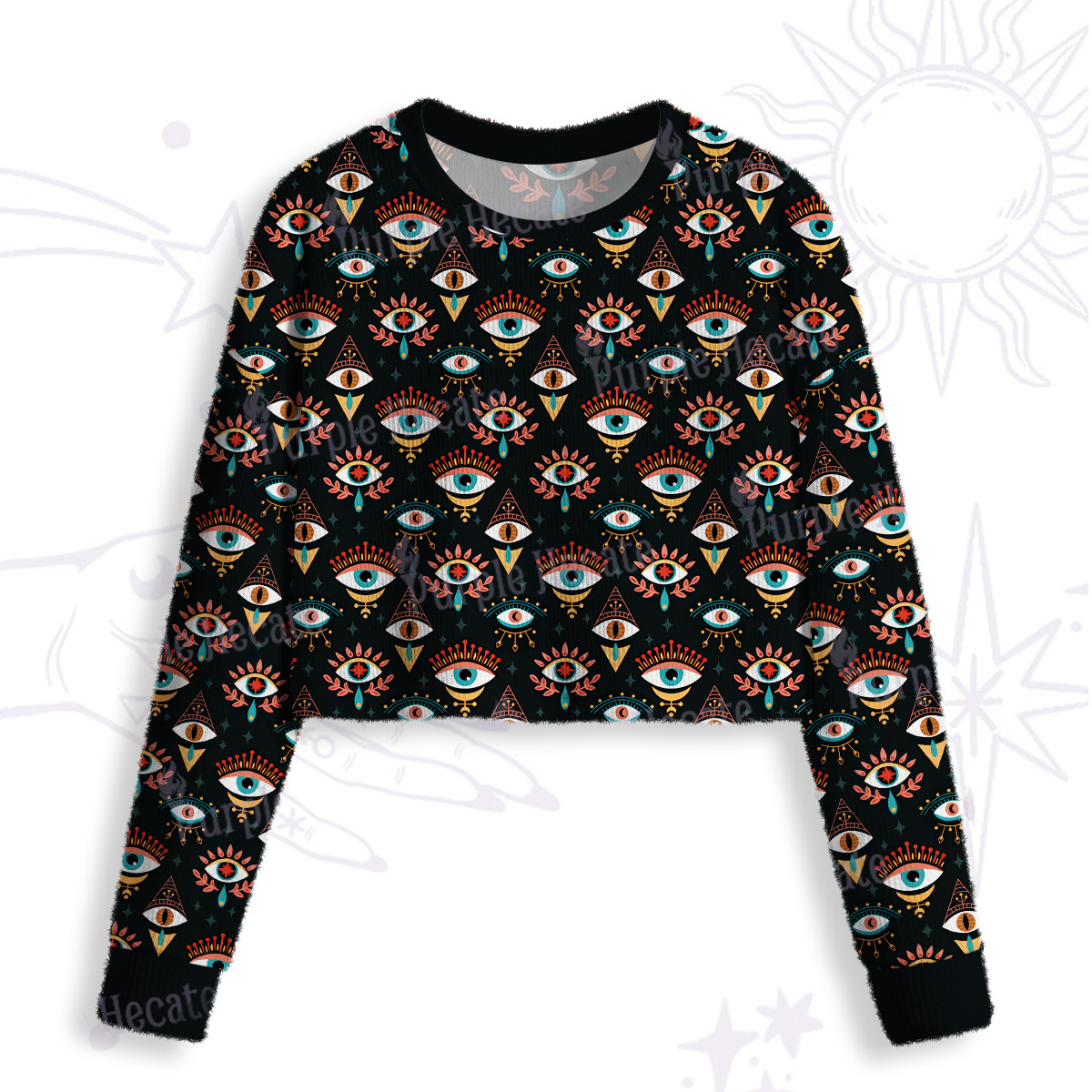 Purplehecate Evil Eye Pattern Crop Fuzzy Ugly Sweatshirt