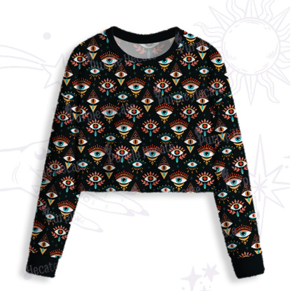 Purplehecate Evil Eye Pattern Crop Fuzzy Ugly Sweatshirt
