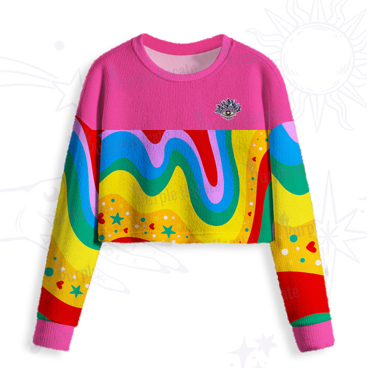 Purplehecate Dreamy Rainbow Waves Crop Fuzzy Ugly Sweatshirt