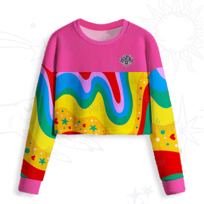 Purplehecate Dreamy Rainbow Waves Crop Fuzzy Ugly Sweatshirt